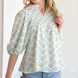 NWOT Michelle McDowell Smocked Printed Blouse Size Large